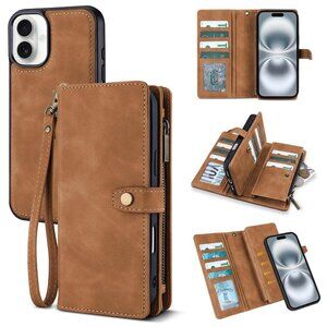 🆕Brown PU Leather Wallet Case for iPhone 16 – Magnetic Detachable 6.1" Cover